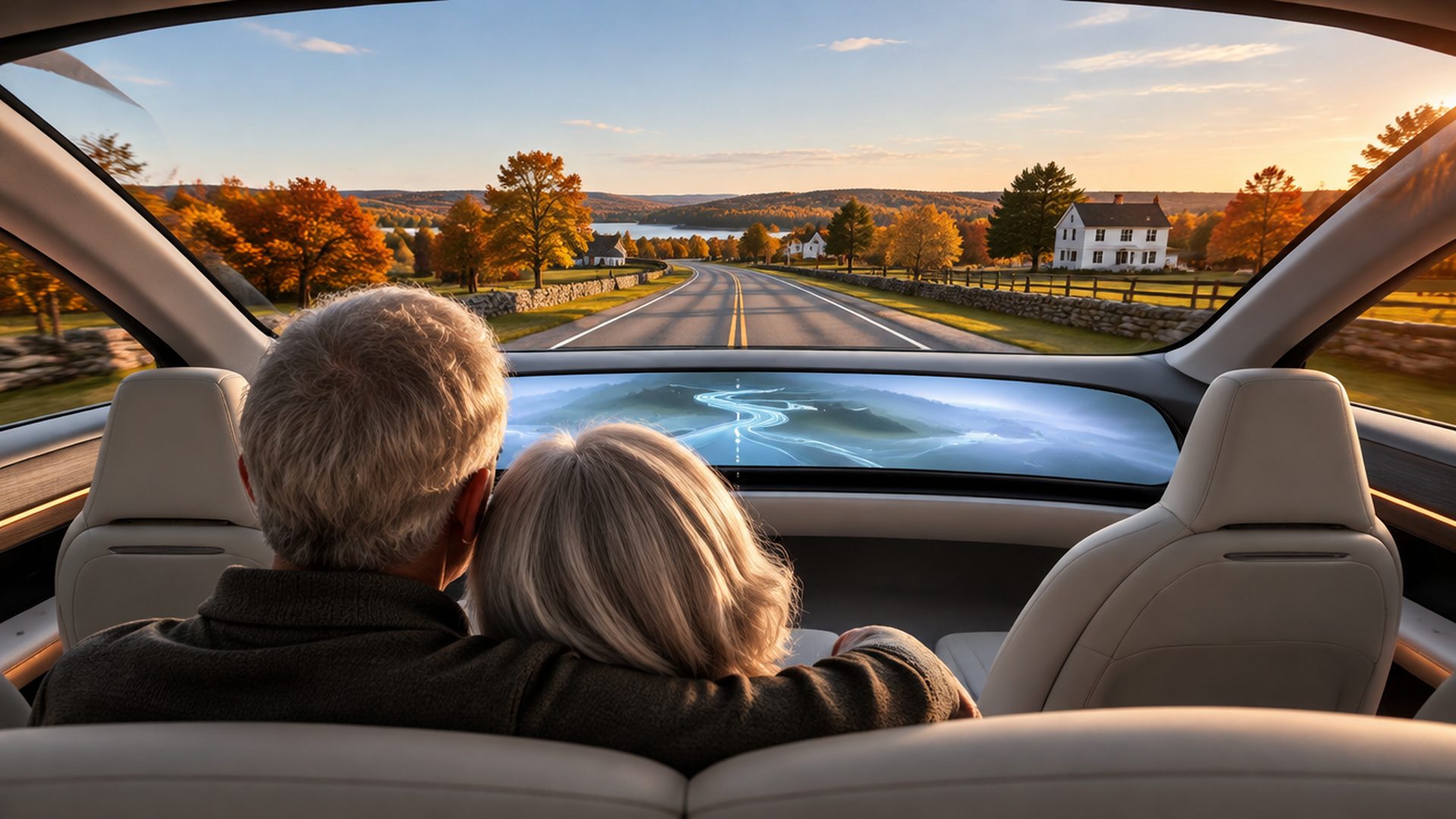 An older couple in the back seat of a fully autonomous car with no steering wheel, a full-width dashboard screen, and a New England country road ahead in autumn light